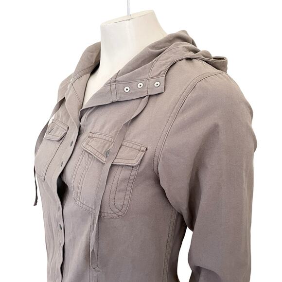 IBEX 100% Organic Cotton Snap Front Hooded Jacket in Light Taupe SZ S - Picture 3 of 10